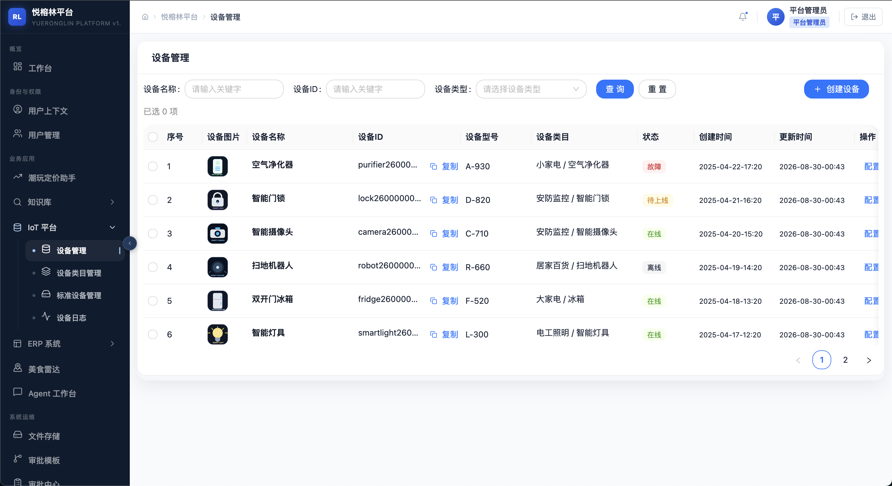 物联网平台设备管理真实页面